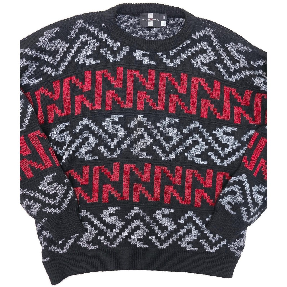 International Sweater Mens Big 3X Black Geometric Knit Crewneck Pullover USA 90s